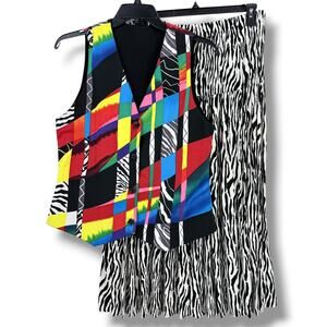 Vintage 90s Colorful Reversible Vest Zebra 2 Pc Skirt Set Sz 12 Colorblock